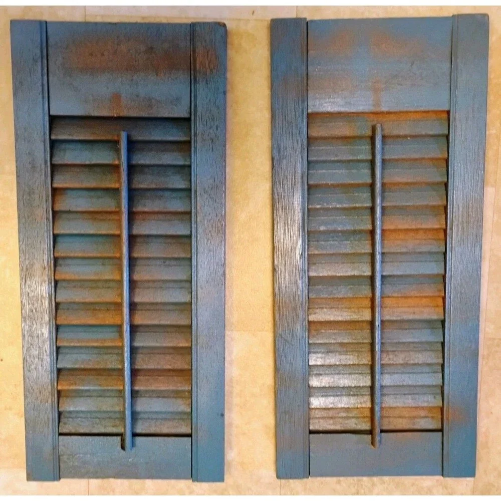 Pair Vintage Wood Window Shutters Architectural Salvage Distressed Blue 20